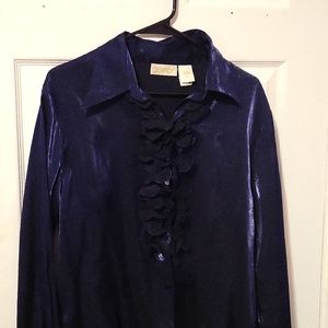 Vinyage CaviarWomen's shiny long sleeves ruffles  top, blue US XL